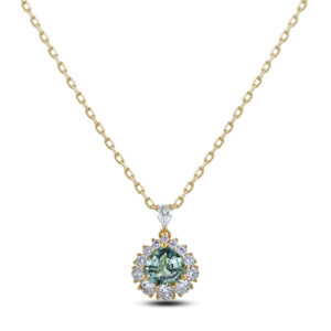 Non Heated Madagascar Green Sapphire and De Beers Forevermark Diamond Halo Pendant in 18K Gold