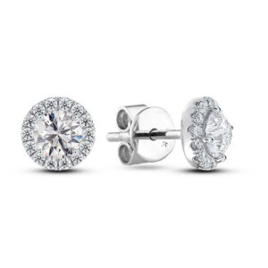 Classic Halo De Beers Forevermark Diamond Stud Earrings in 14K White Gold 1.42 Carat TW
