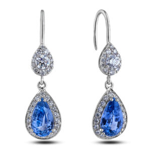 Ceylon Sapphire and De Beers Forevermark Diamond Tear Drop Halo Hook Earrings in 18K White Gold