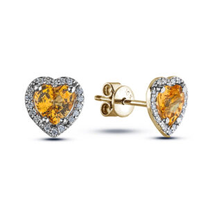 Sapphire and Canadian Diamond Halo Heart Stud Earrings In Yellow Gold | 1.00 CTW
