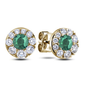 Emerald and Canadian Diamond Halo Stud Earrings in Yellow Gold | 0.25 Carat TW
