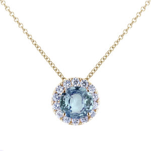 Aquamarine and Canadian Diamonds Halo Pendant in Yellow Gold