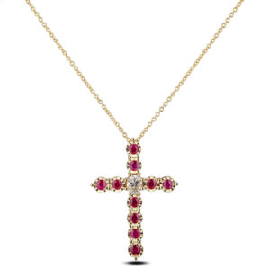 Channel Set Cross Pendant Featuring Natural Ruby And Diamond In 18K Yellow Gold