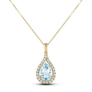 Pear Shape Aquamarine and Canadian Diamond Halo Pendant in Yellow Gold 0.46 CTW