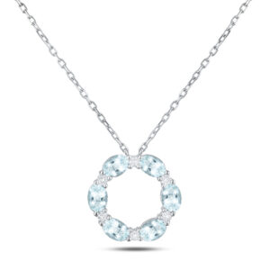 Oval Shaped Aquamarine and Canadian Diamond Circle Pendant in White Gold