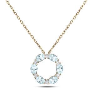 Oval Shaped Aquamarine and Canadian Diamond Circle Pendant in Yellow Gold