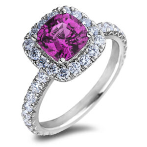 Cushion Cut Purple Sapphire and Canadian Diamond Halo Ring In White Gold