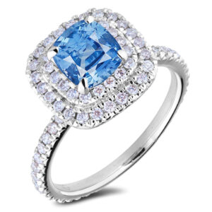 Unheated Ceylon Sapphire and Canadian Diamond Double Halo Ring in White Gold