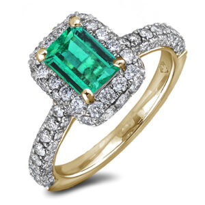 Emerald and Diamond Halo Accent Ring in 18K Yellow Gold