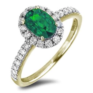 Oval Cut Emerald and Canadian Diamond Halo Ring In Yellow Gold