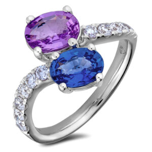 Pink And Blue Sapphire You and Me Ring With Diamond Accents In 18K Gold