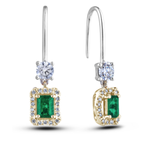 De Beers Forevermark Diamond and Brazilian Emerald Halo Drop Earrings in 18K White and Yellow Gold
